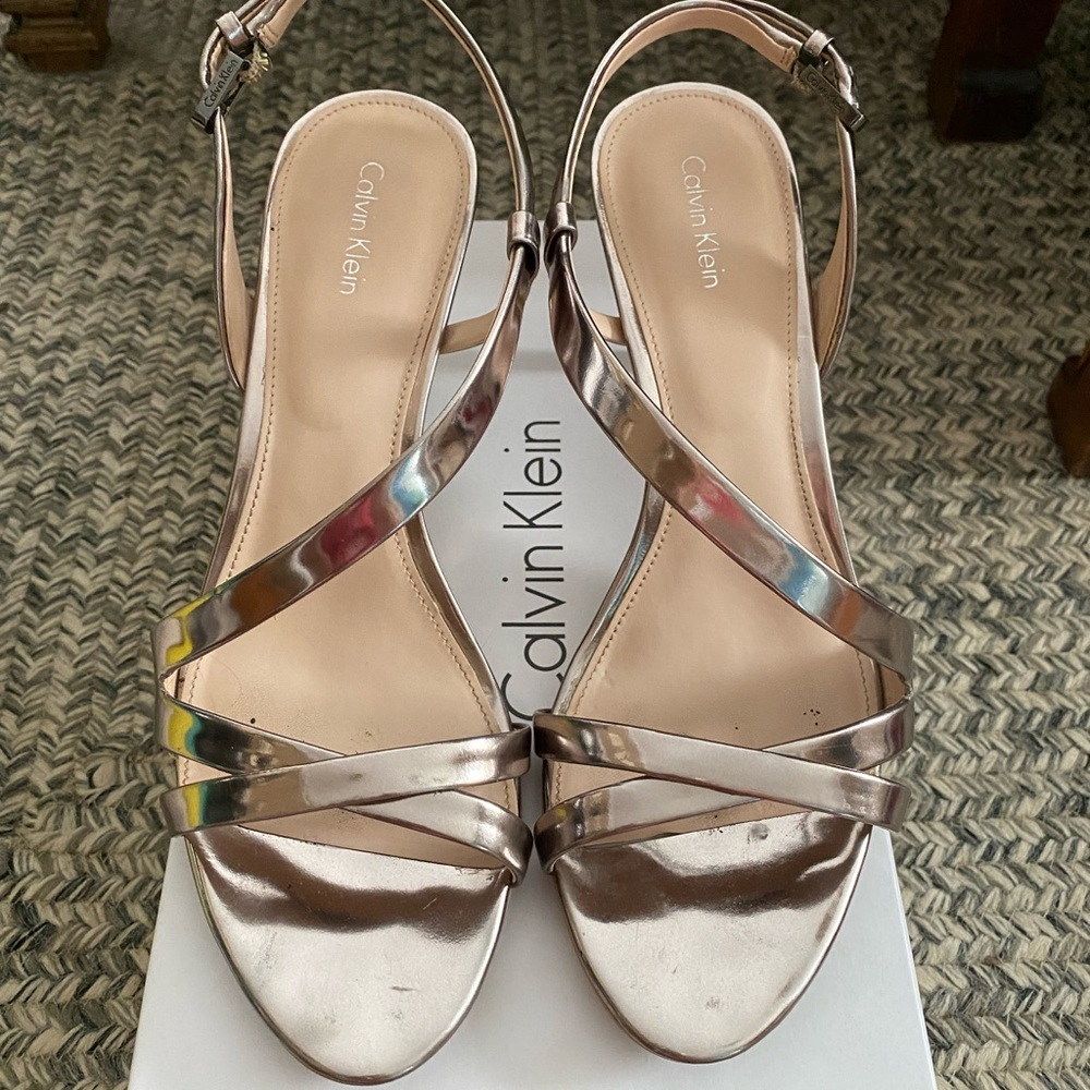 Rose-gold metallic strappy heels